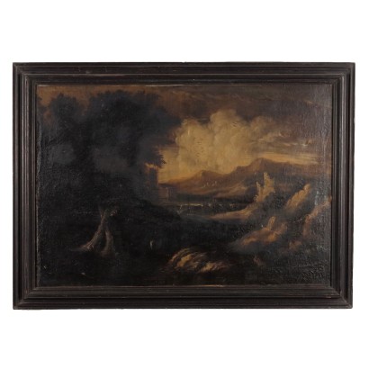 Tableau Ancien Paysage de Lac Huile sur Toile Cadre