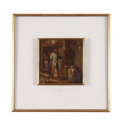 Tableau Ancien '700 Scène d'Interieur avec Figures Huile sur Toile