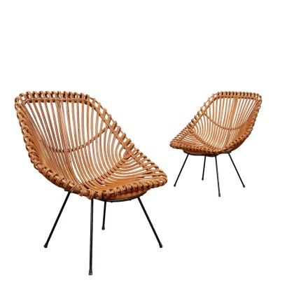 Pair of Vintage Armchairs from the 1960s Wicker Metal Furnishing