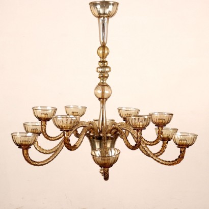 Lustre en Verre Soufflé Gris de Murano Italie XXe Siècle