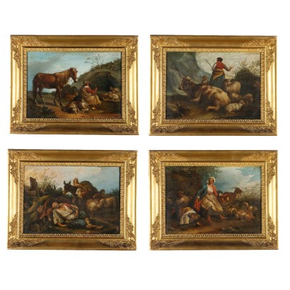 Group of four Paintings with Scenes Pa,Group of four pastoral scenes