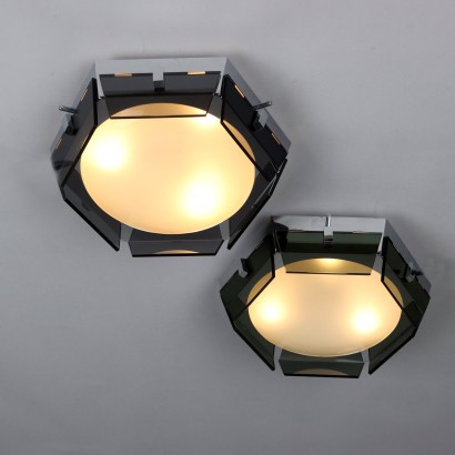 Pair of Ceiling/Wall Lamps Metal Glass Italy 1960s