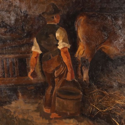 Ancient Painting G. Sottocornola '800 Interior of a Stable Canvas