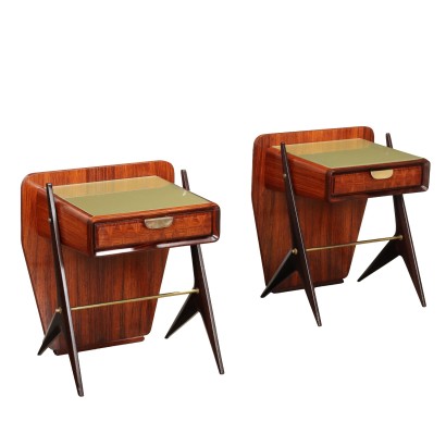 Pair of Vintage Bedside Tables from the 1950s Exotic Wood Veneer Brass