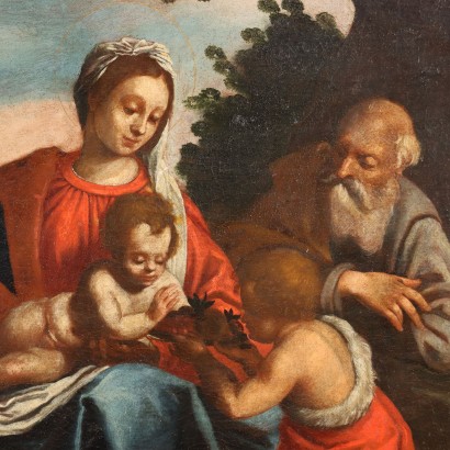 Antikes Gemälde Heilige Famillie mit Johannes Öl auf Leinwand '600