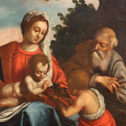 Tableau Ancien La Sainte Famille avec St. Jean Huile sur Toile '600