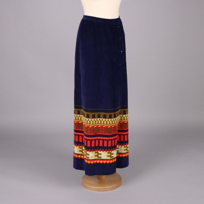 Vintage Long Skirt by Hemitt Size 14 1970s China Blue Velvet Buttons