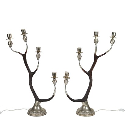 Paire de Lampes en Métal et Bois de Cerf