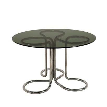 Vintage Table from the 1970s Chromed Metal Base Smoked Glass Top