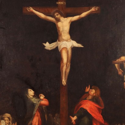 Ancient Painting '600 Crucifix Sacred Subject Oil on Canvas
