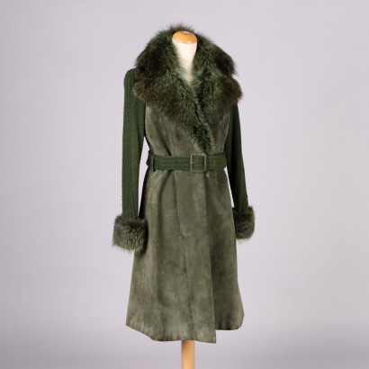 Vintage Coat Size 14 1970s Dark Green Suede Wool Belt