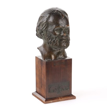 Ancient Sculpture Esopo's Face Bronze Mid '900 Bronze Wood Engravings