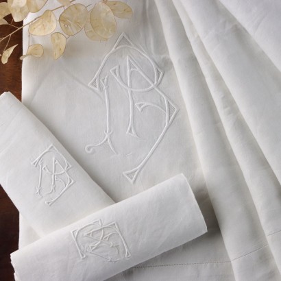Drap Double avec 2 Taies d'Oreiller Signé Lin Blanc du '900