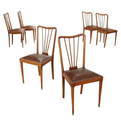 Groupe de Chaises Vintage des Années 1950 Bois Laiton Simili Cuir