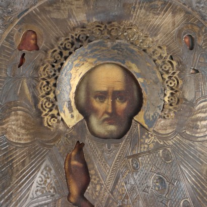 Icône de Saint Nicolas du '800 Peinture à l'Huile sur Bois