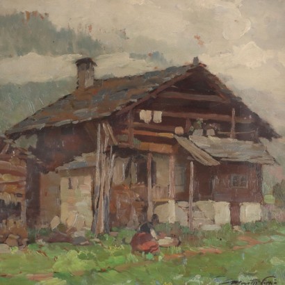 Tableau Ancien M. Moretti Foggia '900 Cabanes de Montagne Huile