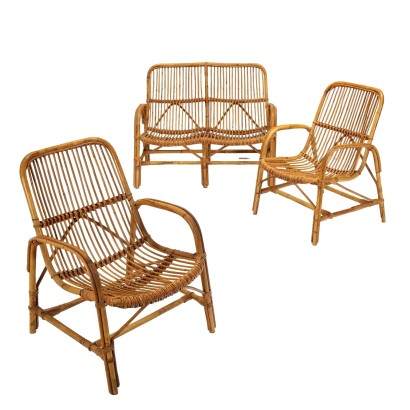 Canapé et paire de fauteuils, Trio de Sièges en Bambou des années 1950-1960