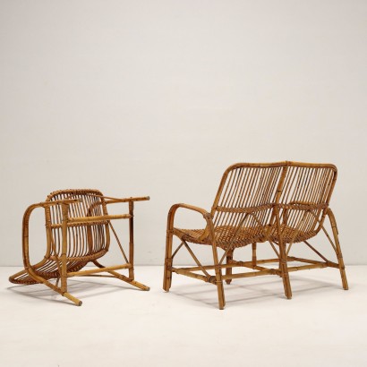 Sofá y par de sillones, trío de asientos de bambú de los años 50 a 60.