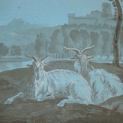 arte, arte italiano, pintura italiana antigua, Paisaje rural nocturno con cabras