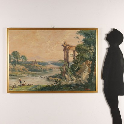 Peinture d'Antonio Oberto,Paysage avec bergers et ruines,Antonio Oberto,Antonio Oberto,Antonio Oberto,Antonio Oberto