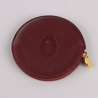Vintage Round Coin Bag by Cartier Burgundy Leather Gilded Zip