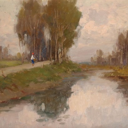 Tableau Ancien R. Borgognoni Paysage avec Rivière Huile sur Carton