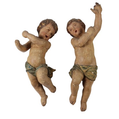 Paire d'Angelots Anciens '700 Bois Gravé Objéts