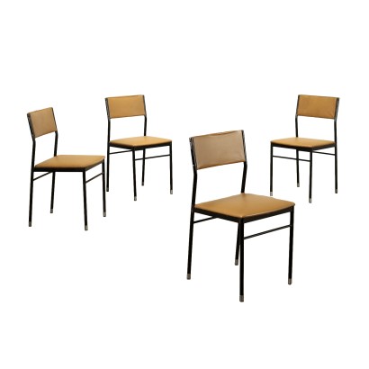 Groupe de 4 Chaises Vintage des Années 60 Métal Simili Cuir