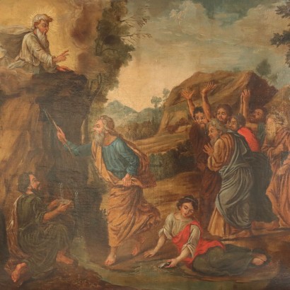 Al pintar Moisés hace brotar agua de la roca