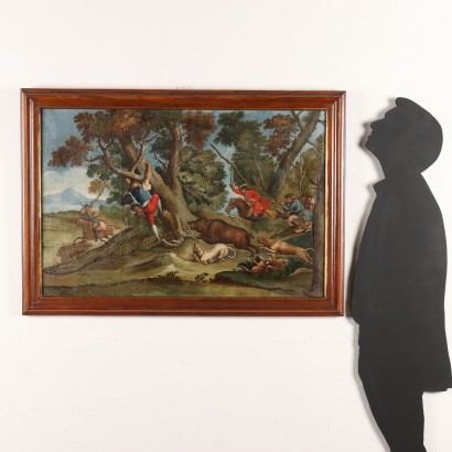 Tableau avec scène de chasse à la ceinture, scène de chasse au sanglier