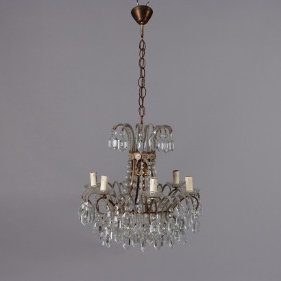 Antique 6 Light Chandelier Metal Glass Pendants XX Century