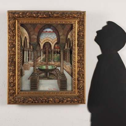Peinture tridimensionnelle en techniques mixtes, aperçu du cloître de la cathédrale de Monr