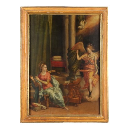 Antikes Gemälde mit der der Verkündigung Öl auf Holzbrett Italien 500