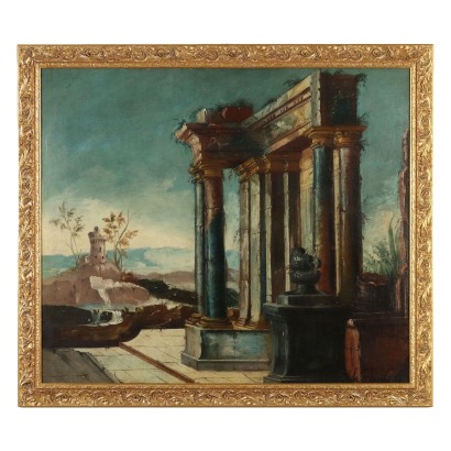 Antikes Gemälde mit Landschaft Öl auf Leinwand Italien des XVIII Jhs
