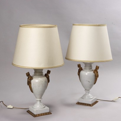 Paire de Lampes Vintage en Marbre Blanc et Laiton Italie XXe Siècle