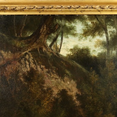 Painting with a scene of a stop in the woods