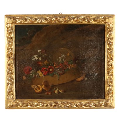 Tableau Ancien avec Nature Morte Huile sur Toile XVIIIe Siècle