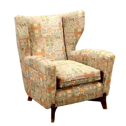 Fauteuil Bergère Vintage Bois Tissu Italie Années 1950-60