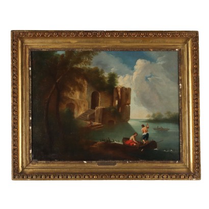 Tableau Ancien avec Paysage Huile sur Toile XIXe Siècle