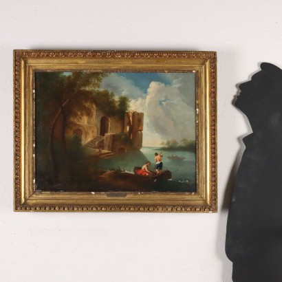 Peinture Paysage avec rivière et bateaux, Paysage fluvial avec bateaux et personnages