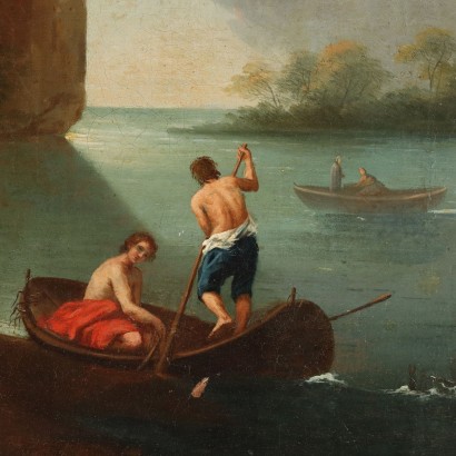 Peinture Paysage avec rivière et bateaux, Paysage fluvial avec bateaux et personnages