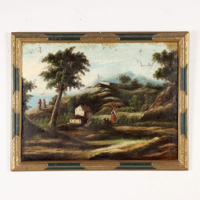 Tableau Ancien Paysage avec Figures Huile sur Toile '700-'800