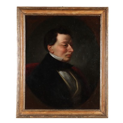 Tableau Ancien avec Portrait Masculin Huile sur Toile XIXe Siècle