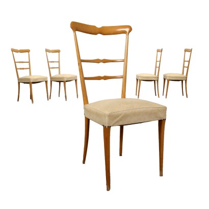 Groupe de 5 Chaises Vintage en Hêtre et Simili Italie Années 50