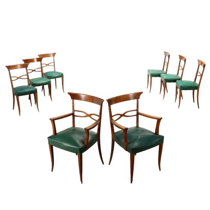 Groupe de 8 Chaises Vintage Hêtre Simili Italie Années 50