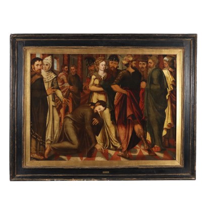 Antikes Gemälde Christus und die Ehebrecherin Flämische Schule XVI Jhd