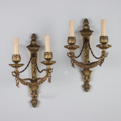 Pair of Antique Neo-Classical Style Wall Lamps Bronze XX Century