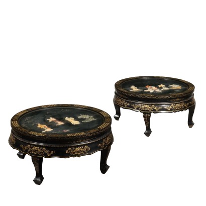 Pair of Antique Round Coffee Tables Lacquered Wood China '900