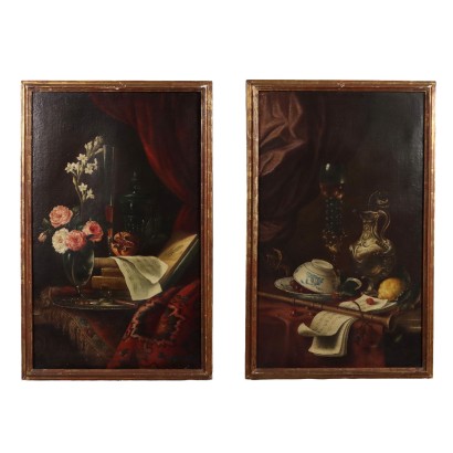 Antique Painting Pair of Still Lives Oil on Canvas XIX-XX Century