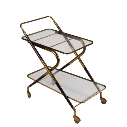 Vintage 1950s Service Cart Brass Wood Glass Italy